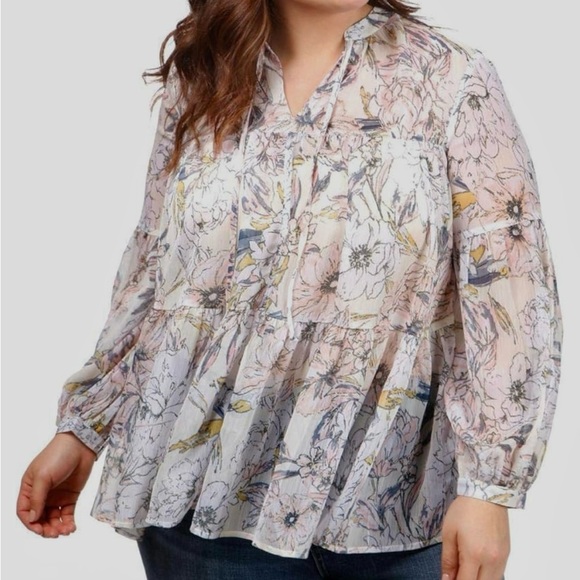 Lucky Brand Sheer Floral Longsleeve Blouse -size medium- with tags - Picture 1 of 9